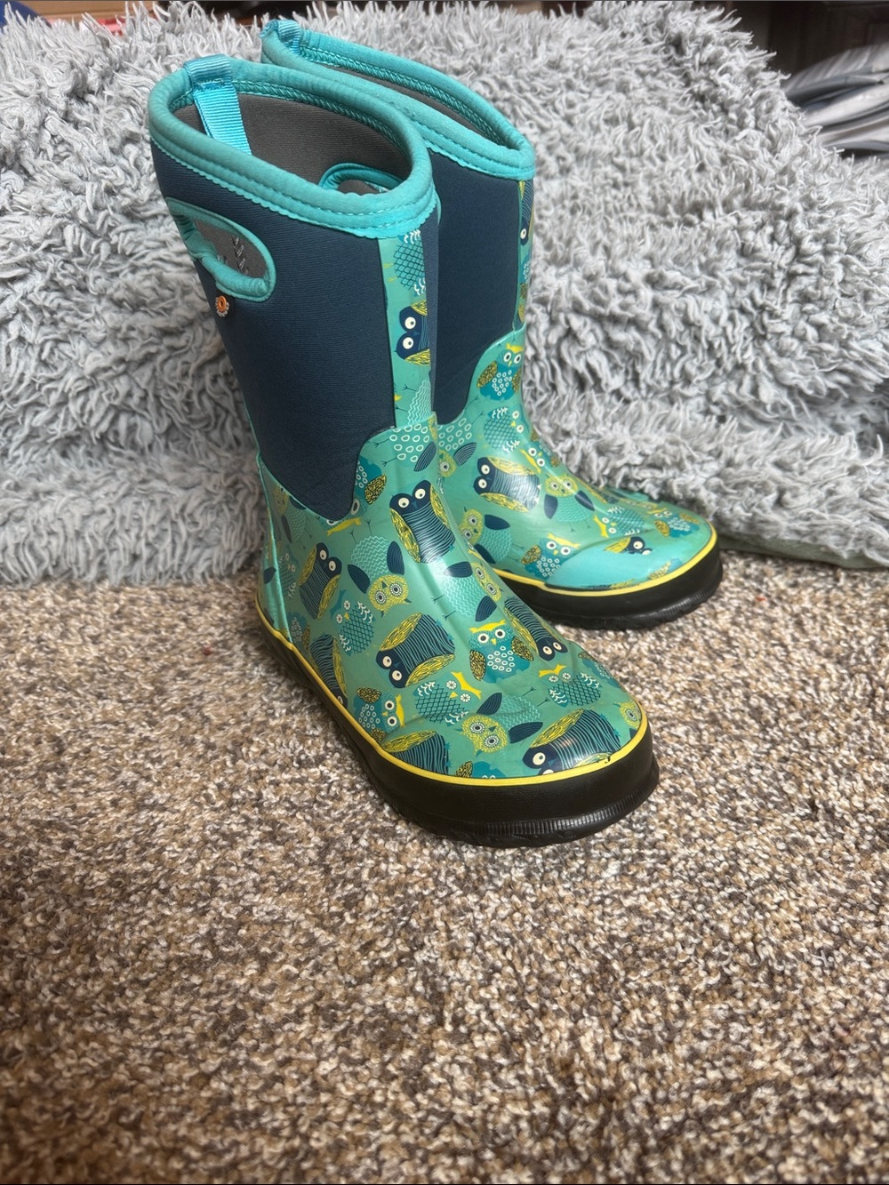 Bogs Teal Owl Print Kids Rain Boots